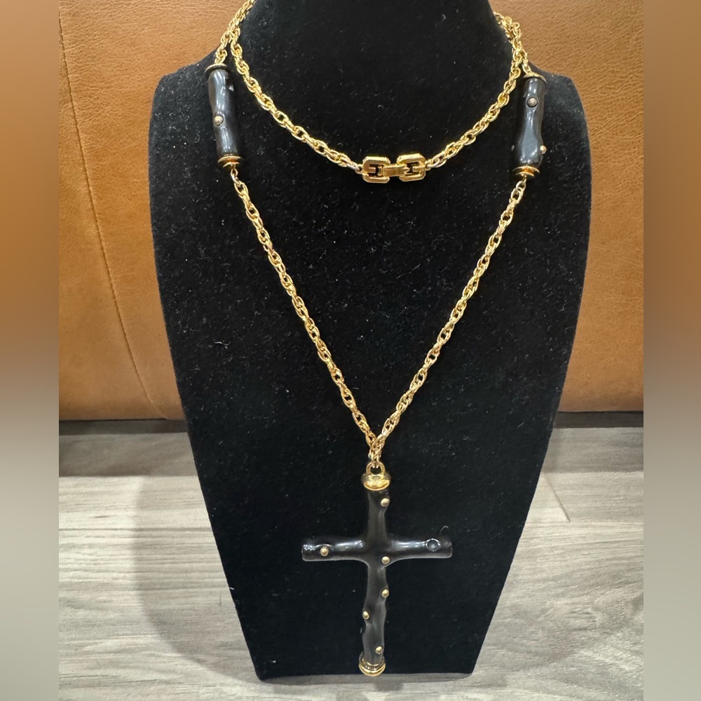 Givenchy Rare Vintage Gold Plated and Black Cross Necklace